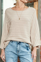 Apricot Solid Color Ribbed Knit 3/4 Sleeve Pullover Sweater Sweaters eb93d27af8b2dff1