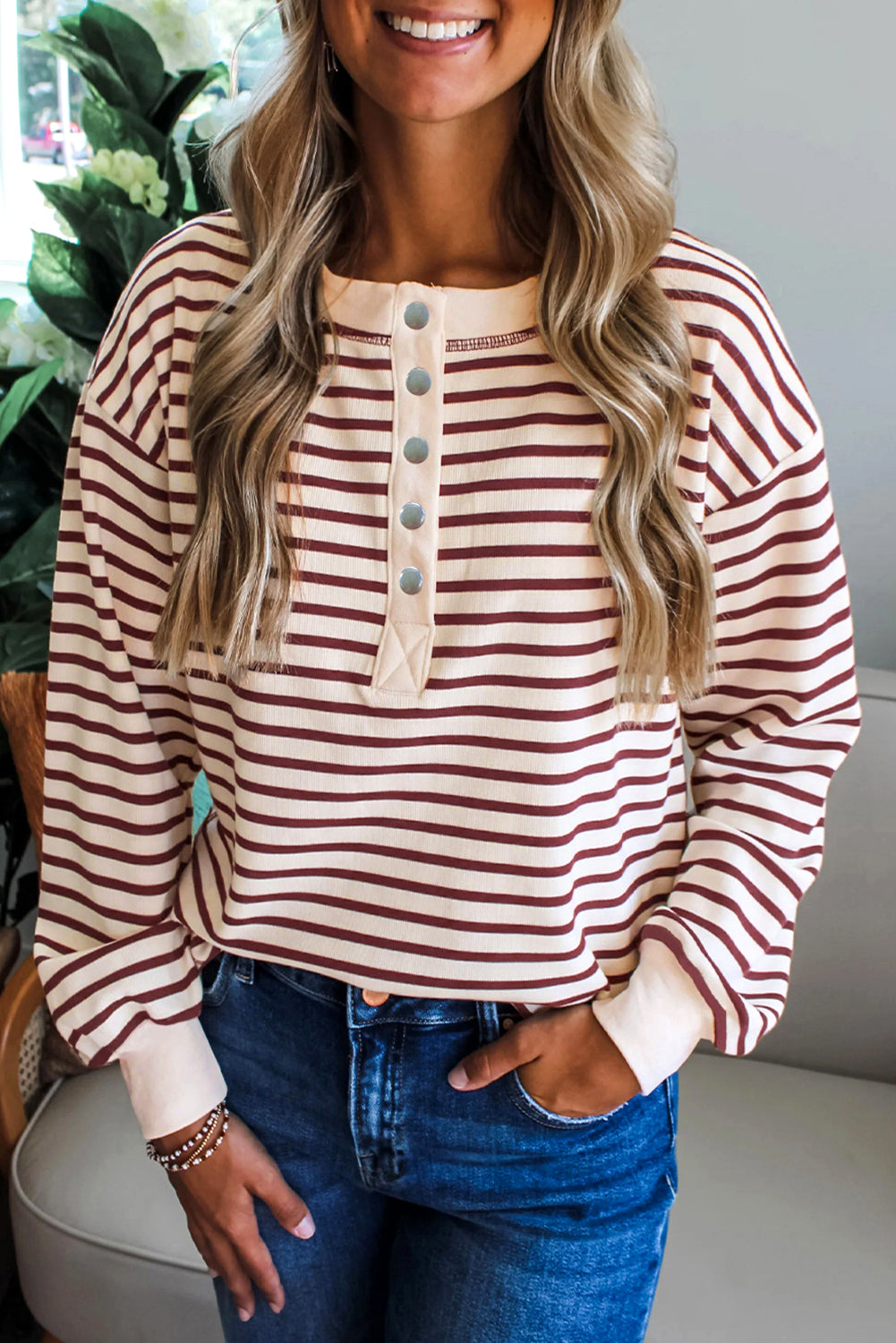 Red Dahlia Striped Henley Top Long Sleeve Tops eb9c8ded5678ce73