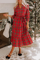 Red Christmas Plaid V Neck Tie Waist Ruffle Hem Long Dress Midi Dresses eba8c027d0efa52e