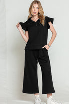 Black Textured Ruffle Cap Sleeve Top and Wide Leg Pants Set Two Piece Pants Sets ebd6431802e53f7e
