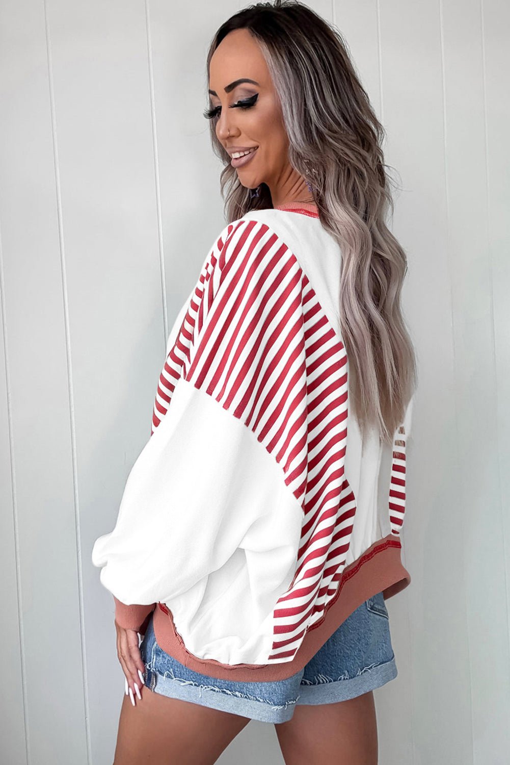 Red Stripe Colorblock Patchwork Stitching Detail Plus Size Sweatshirt Plus Size Tops ebd79a0eab1406fb
