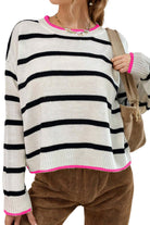 White Stripe Contrast Trim Drop Shoulder Sweater Sweaters ebf5e886cd128fde