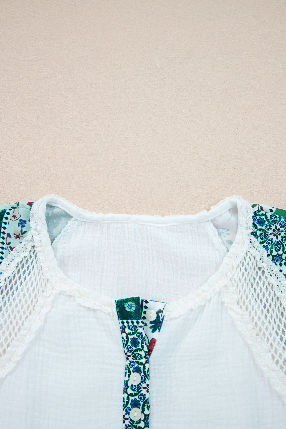 White Plant Mesh Patched Color Block Half Button Blouse Long Sleeve Tops ec08f54c94e384c0