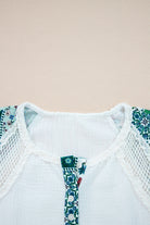 White Plant Mesh Patched Color Block Half Button Blouse Long Sleeve Tops ec08f54c94e384c0