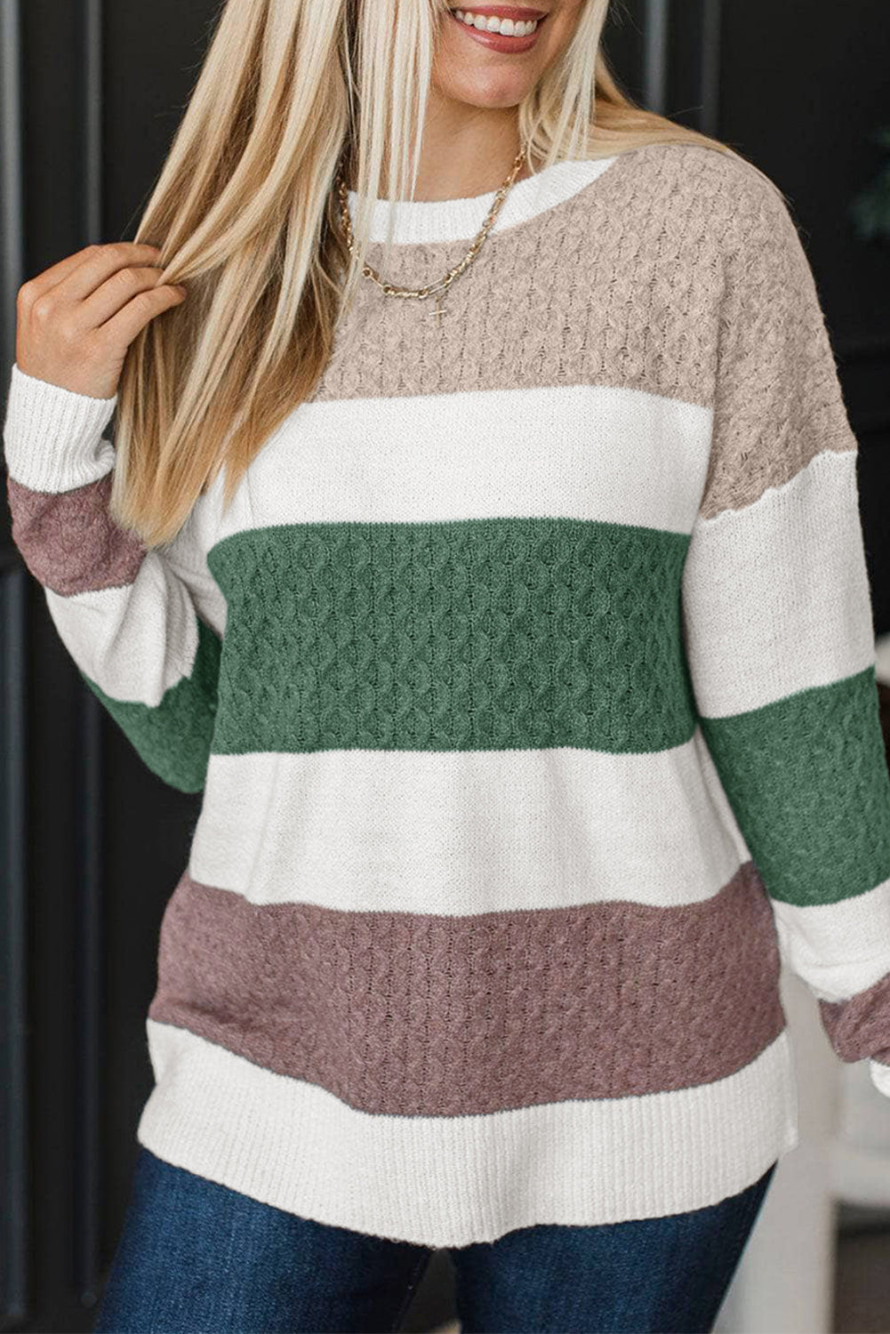 Green Mixed Texture Knit Striped Color Block Loose Sweater Sweaters ec177469927d596f