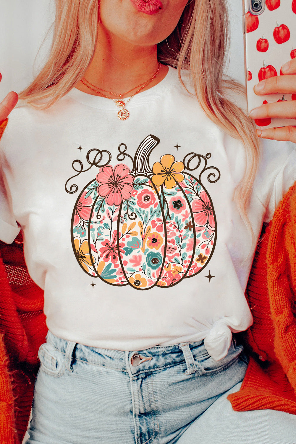 White Floral Pumpkin Heat Transfer Printing Cotton Blend T Shirt Graphic Tees ec3803f38143e842