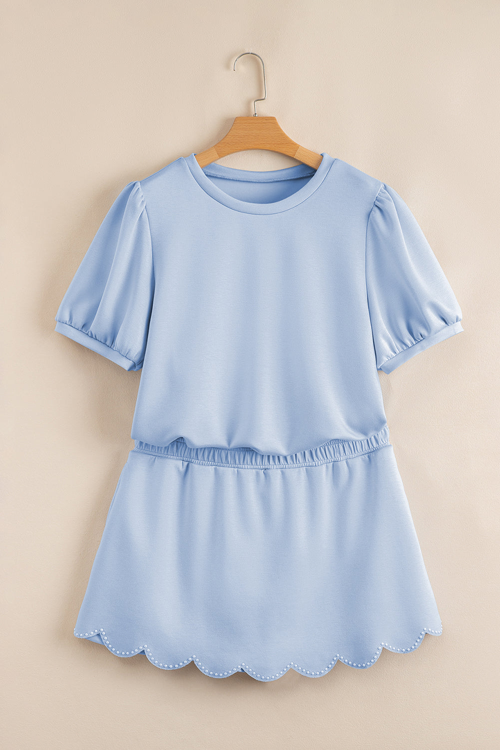 Beau Blue Puff Sleeve Pearl Embellished Scallop Hem 2-Piece Shorts Set Two Piece Shorts Sets ec4e29d4ffdc0d74