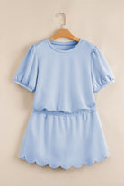 Beau Blue Puff Sleeve Pearl Embellished Scallop Hem 2-Piece Shorts Set Two Piece Shorts Sets ec4e29d4ffdc0d74