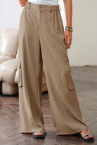 Camel Solid Color Elastic High Waist Loose Cargo Pants Pants ec4f6b95b84bfca8