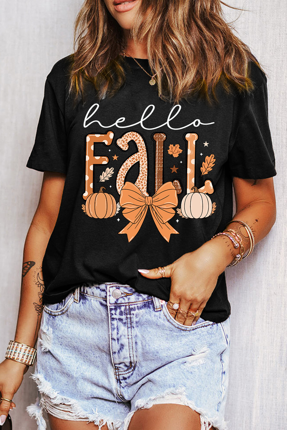 Black Hello Fall Thanksgiving Bow Pumpkin Heat Transfer Printing Graphic Tee Graphic Tees ec7462b69c7df2ad
