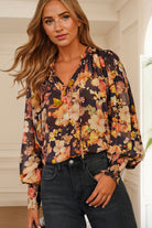 Black Floral V Neck Long Puff Sleeve Breezy Blouse Blouses ec978278107aafb1