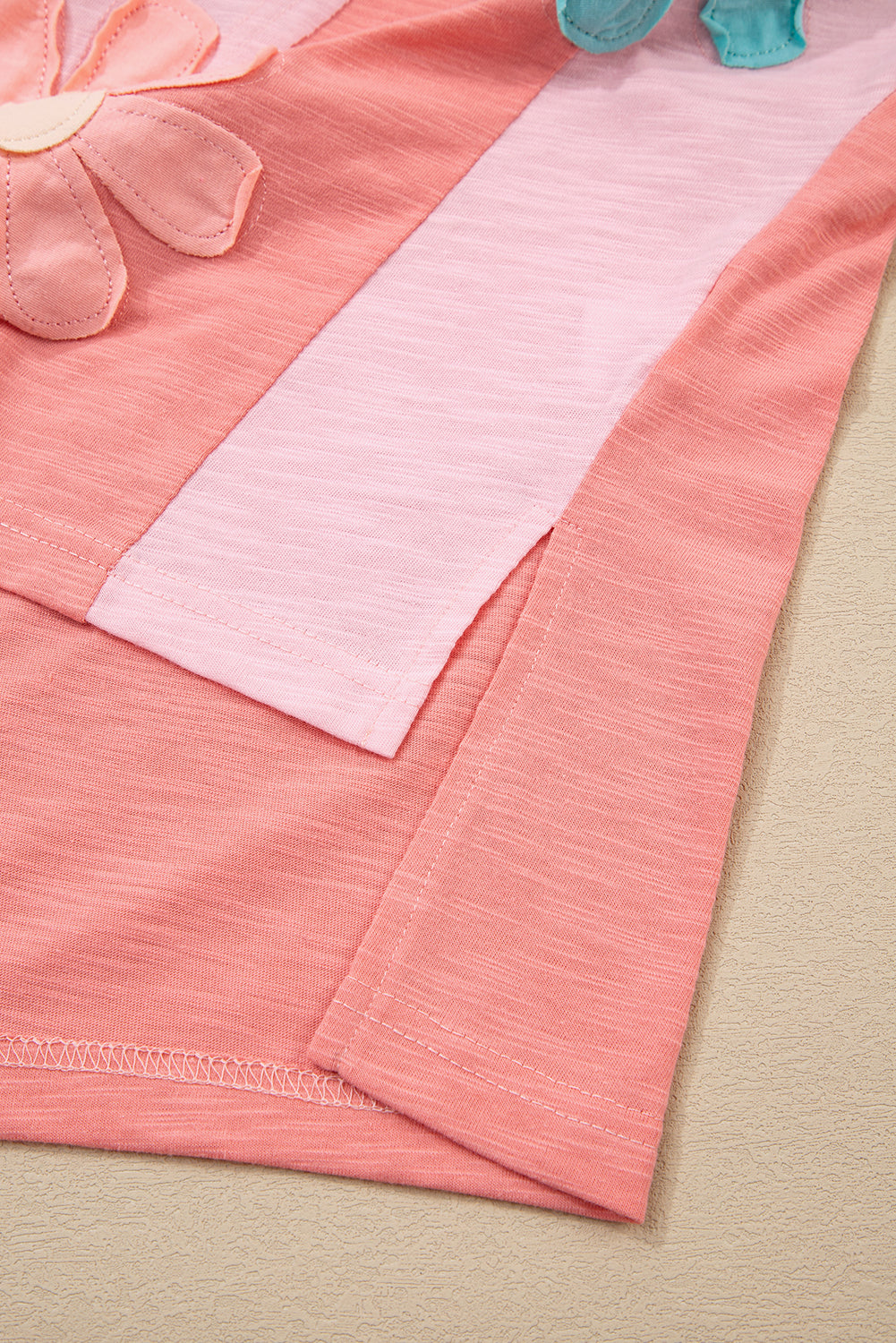 Light Blue Flower Patched Exposed Seam 3/4 Sleeve top Long Sleeve Tops eca520cb8421baaf