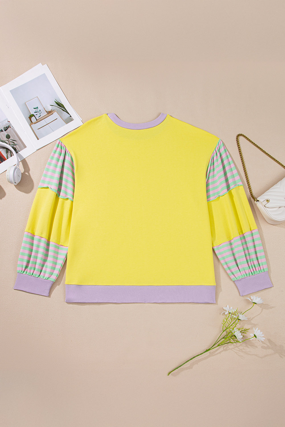 Yellow Striped Colorblock Patchwork Plus Size Pullover Sweatshirt Plus Size Tops ecc88df8cff4701b