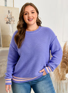 Wisteria Plus Size Striped Trim Drop Shoulder Knit Loose Sweater Plus Size Sweaters & Cardigans eccd1568945aa78d
