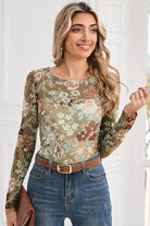Green Floral Print Mesh Long Sleeve Top Long Sleeve Tops ece634fbec249051