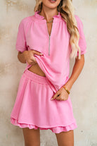 Pink Half Zip Puff Sleeve Top and Ruffle Shorts Set Two Piece Shorts Sets ed307c522737d7b7