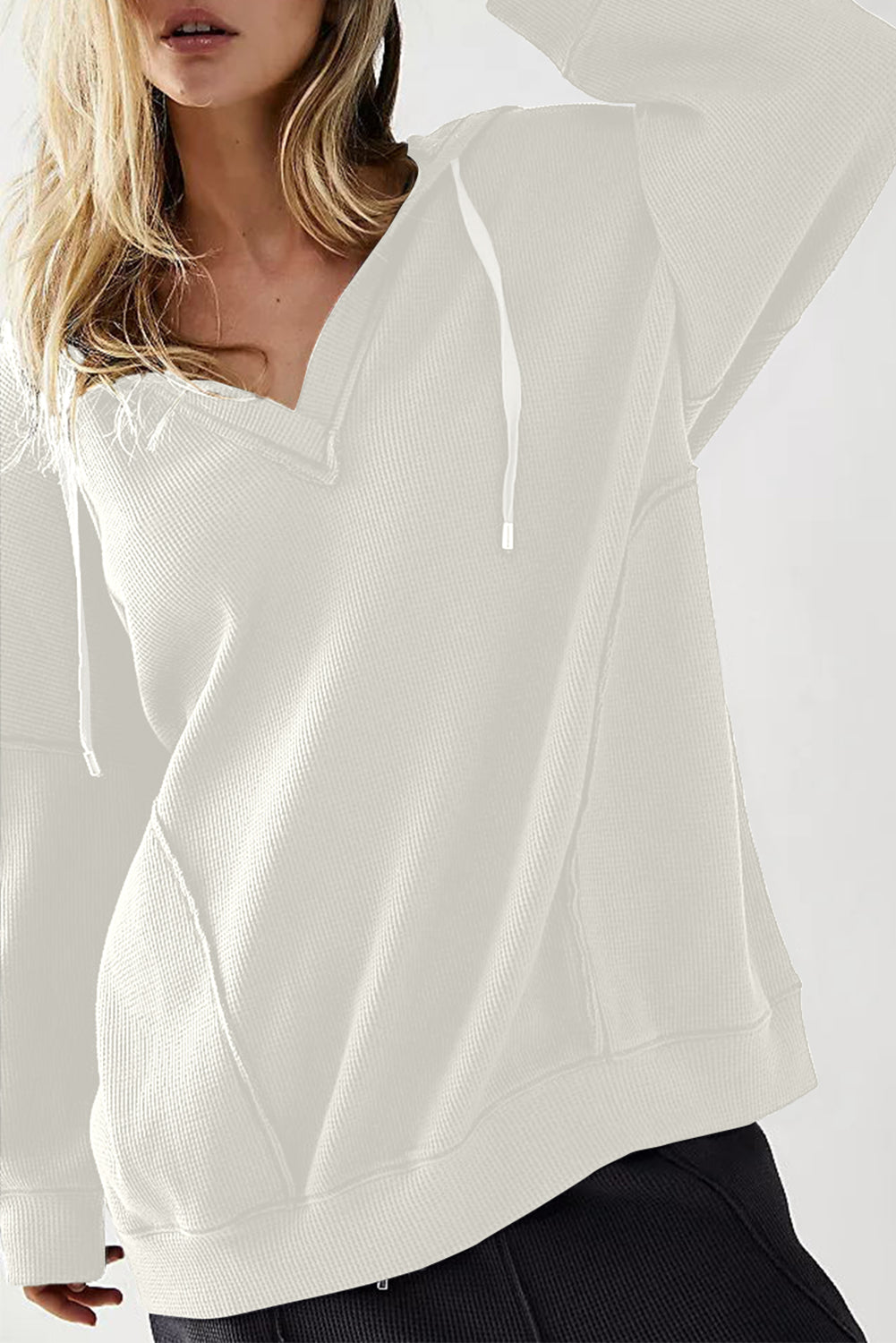 White Oversize Waffle Drop Shoulder Exposed Seam V Neck Hoodie Sweatshirts & Hoodies ed3099522f3a4a42