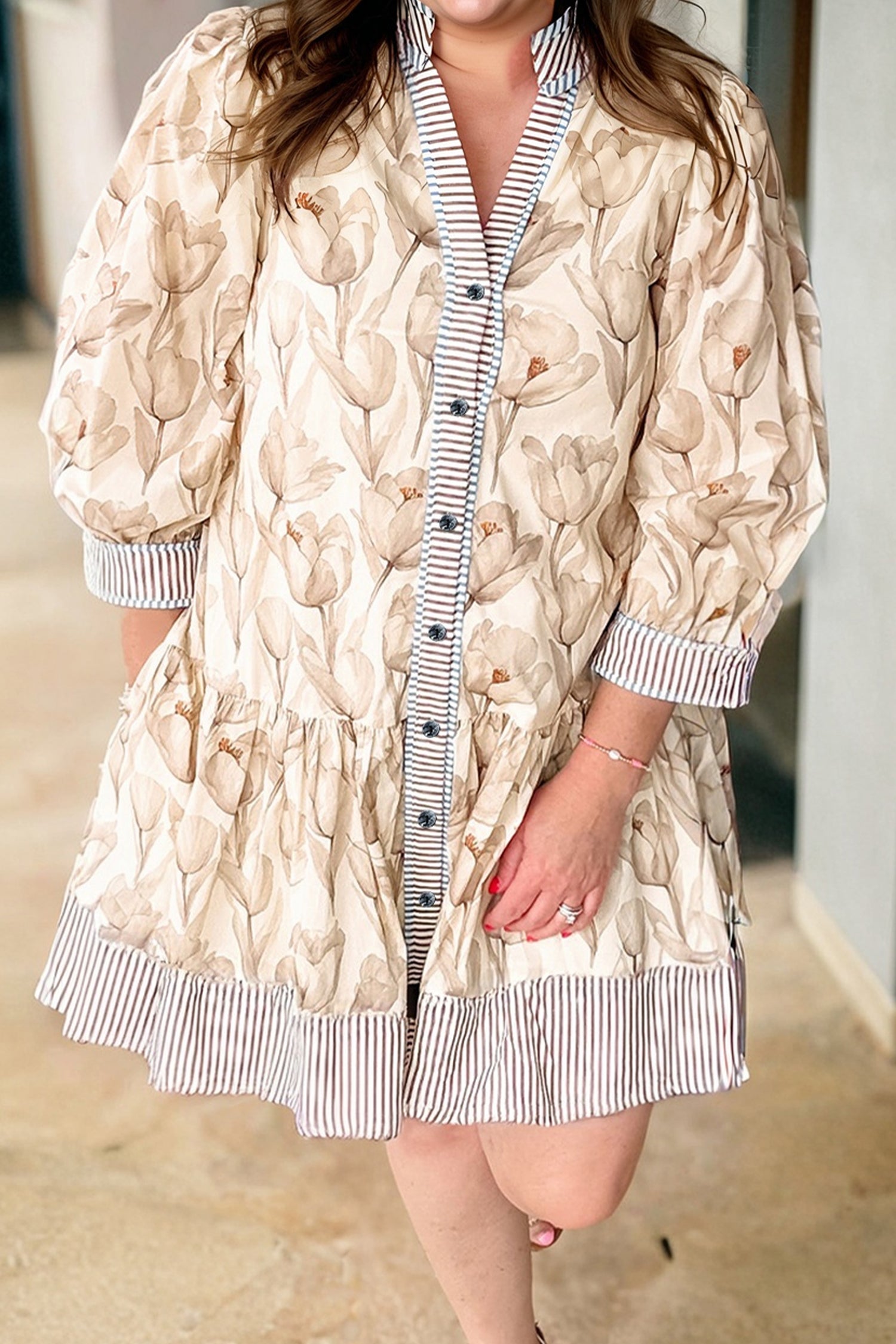 Khaki Plus Size Floral Print Striped Trim Patchwork Button Down A-line Dress Plus Size Mini Dresses ed8020633ea05c27