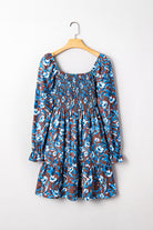Blue Smocked Bodice High Waist Ruffled Sleeve Floral Dress Short Dresses edac6c52501a2bd3