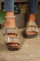Pale Khaki Double Buckle Straps Frayed Detial Retro Slippers Slides Shoes + Flip Flops edb3b50fa77487a2