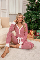 Red Stripe Buttoned V Neck Top and Knotted Waist Pants Pajama Set Loungewear Set ede76cd516c5be89