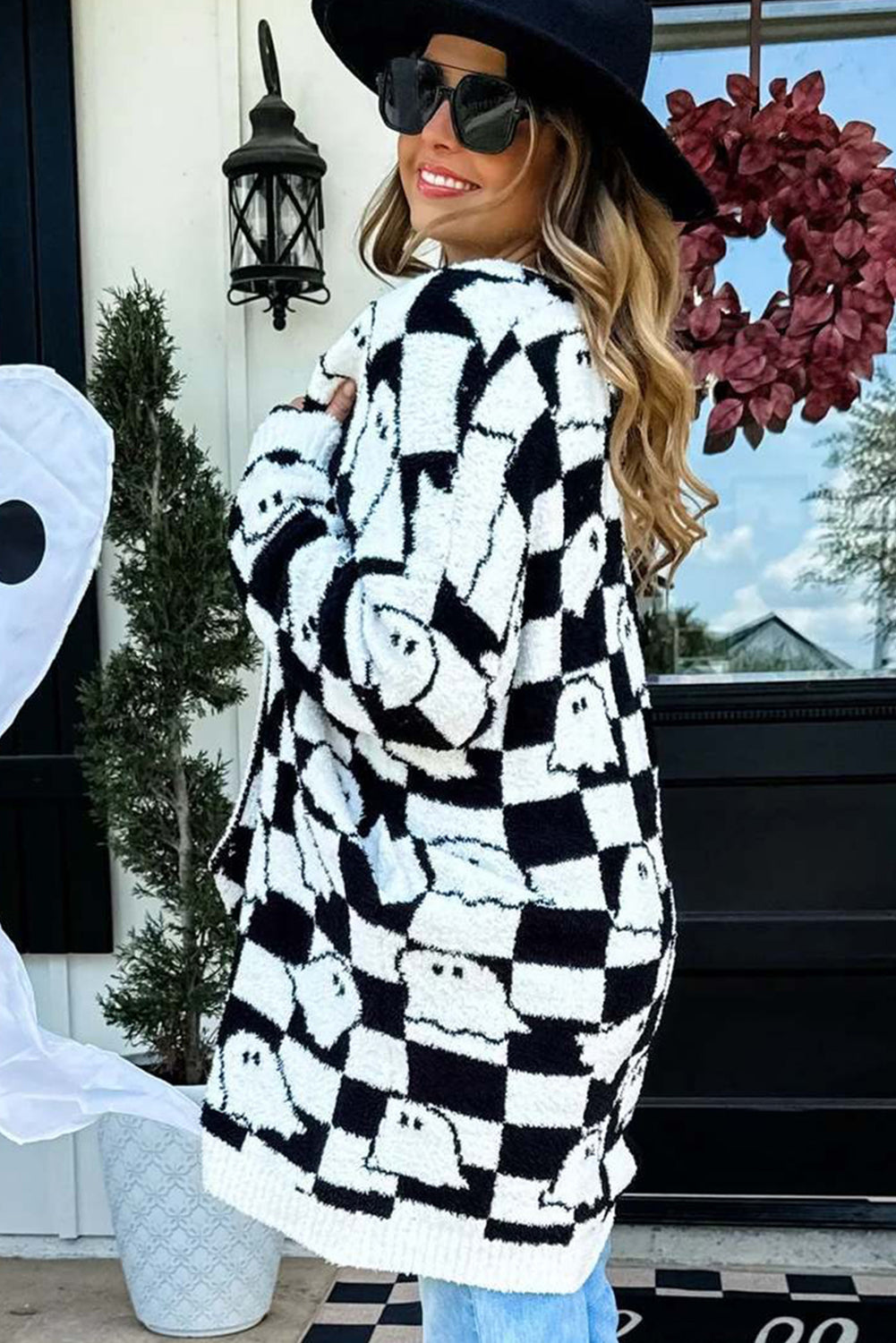 Black Halloween Plaid Ghost Pattern Mid length Knitted Cardigan Cardigans edff6b05f7574fd1