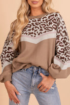 Straw Yellow Leopard Colorblock Patchwork Round Neck Sweater Sweaters edff847453f5faf4