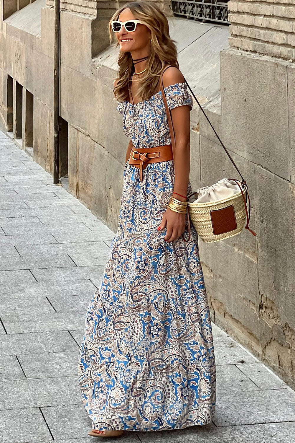 Blue Boho Paisley Print Off Shoulder Maxi Dress Maxi Dresses ee37c16d999935f9