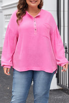 Bonbon Chest Pocket Crinkle Drop Sleeve Plus Size Henley Top Plus Size Tops ee3f0c32c7b7d135