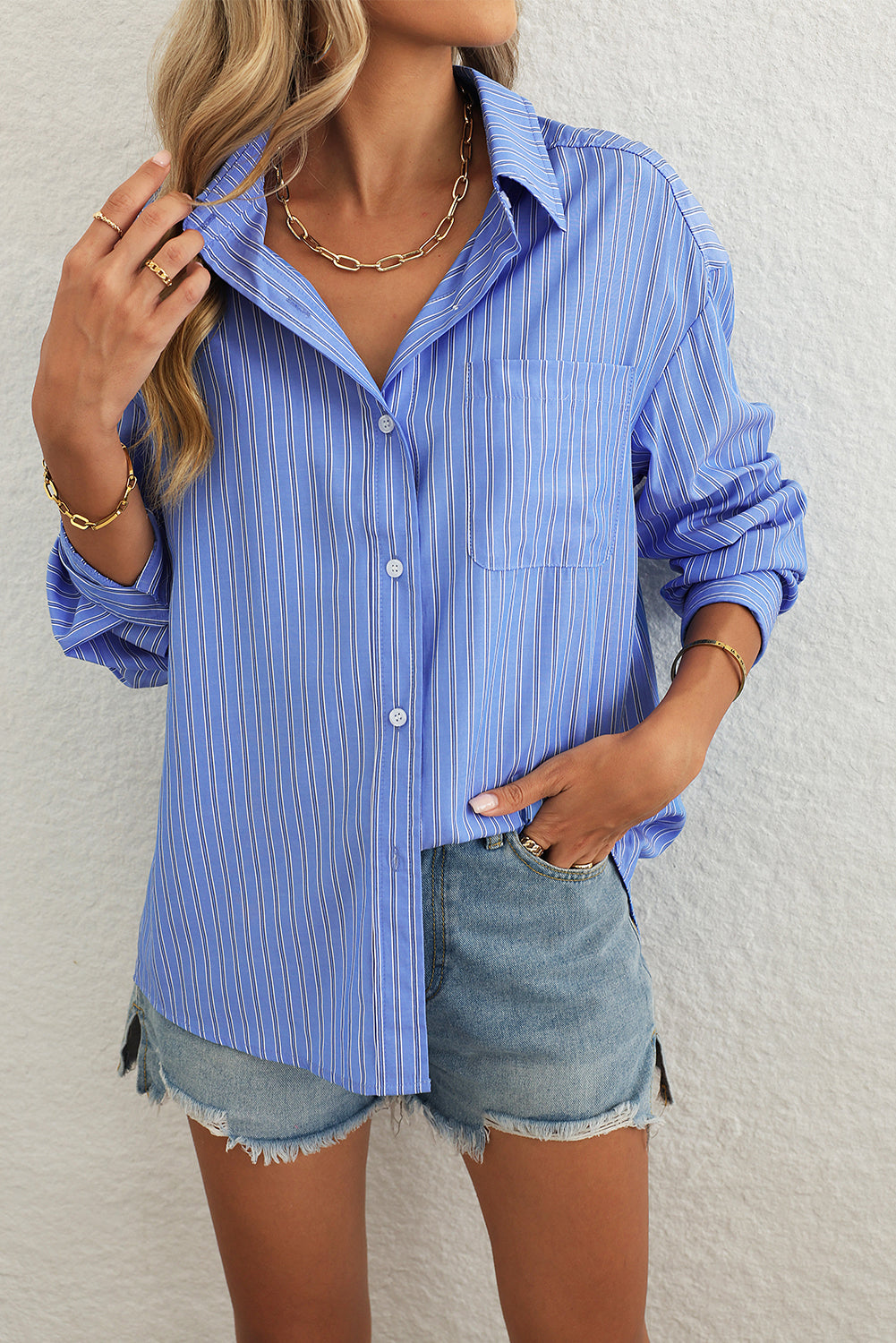 Green Stripe Button Up Oversized Casual Shirt Blouses ee777273abdfa522