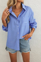 Green Stripe Button Up Oversized Casual Shirt Blouses ee777273abdfa522