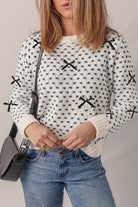 Beige Bow Decor Color Contrast Ribbed Edge Crew Neck Sweater Sweaters ee95ec2df9aedec3