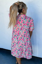 Pink Plus Size Floral Half Button Puff Sleeve A Line Dress Plus Size Dresses ee9f8b7066a00afb