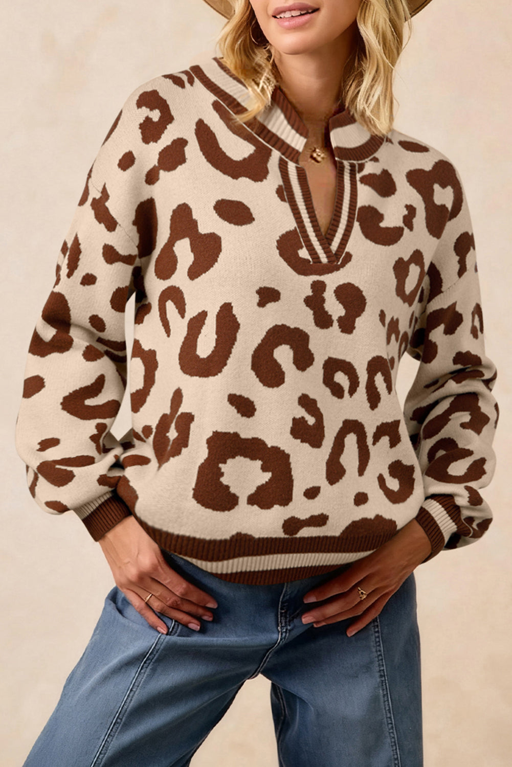 Light French Beige Leopard Printed Knit V Neck Sweater Sweaters eebaa7c76ba96021