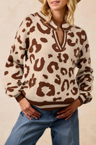Light French Beige Leopard Printed Knit V Neck Sweater Sweaters eebaa7c76ba96021