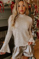 Jet Stream Sequin Mock Neck Drape Backless Bell Sleeve Top Long Sleeve Tops eebb418d2891bef2