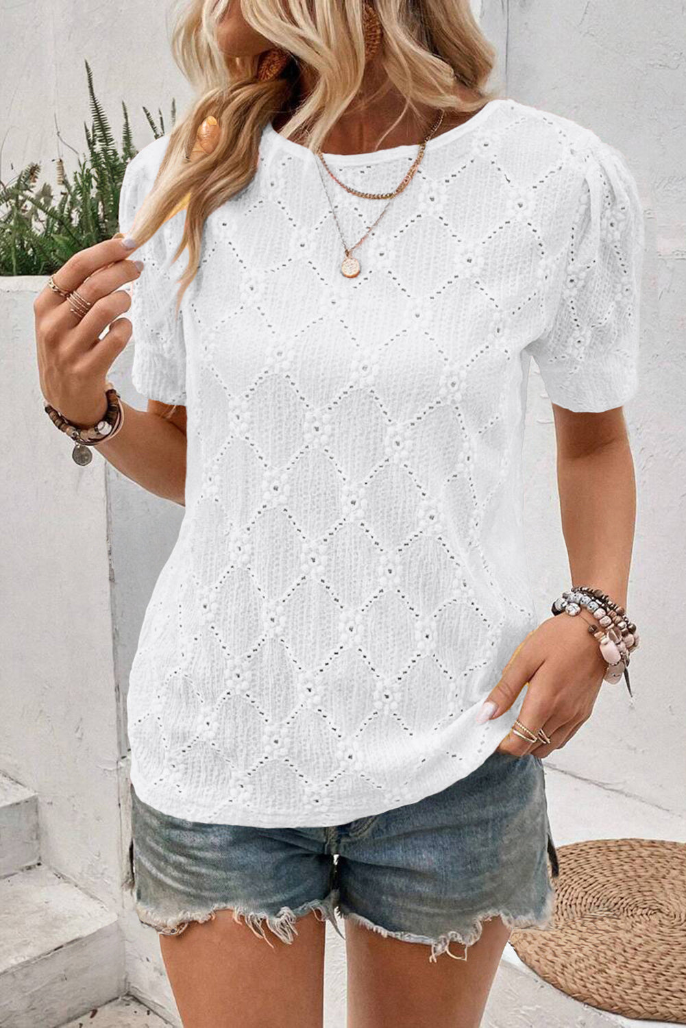 White Embroidered Floral Geometric Button Short Sleeve Top Blouses eee17c604a0417af