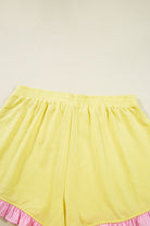 Yellow Ruffle Striped Hem Patchwork Pullover Top and Shorts Plus Size Set Plus Size Matching Sets ef1819975e58e93c