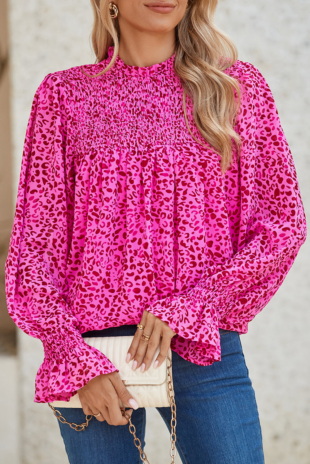 Rose Leopard Shirred Puff Sleeve Flowy Blouse Blouses ef2bc5333c33afd8