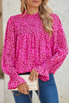 Rose Leopard Shirred Puff Sleeve Flowy Blouse Blouses ef2bc5333c33afd8