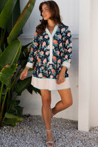 Blue Floral Print Striped Trim V Neck Long Sleeve Ruffle Hem Shift Mini Dress Floral Dresses ef43ba86be58650b