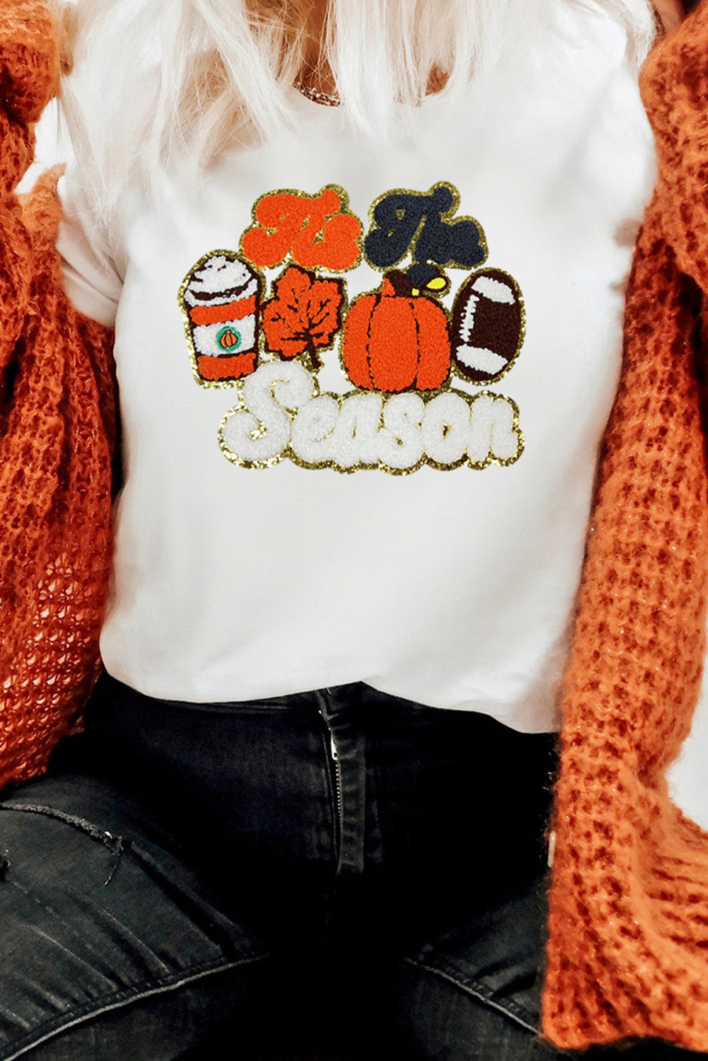 White Iis The Season Pumpkin Spice Terry Flocking Graphic Crewneck T Shirt Graphic Tees ef7c7c70a138aeff