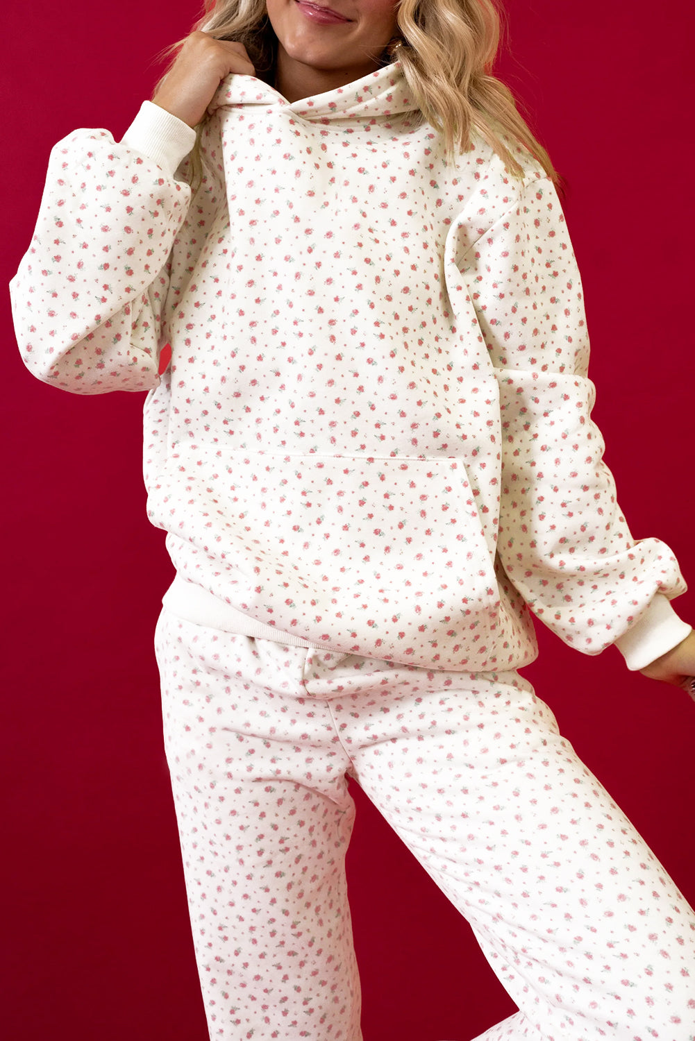 Pink Floral Kangaroo Pocket Hoodie Pants Set Two Piece Pants Sets ef94759bfede9962