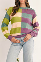 Green Stripe Colorblock Drop Shoulder Ribbed Edge Sweater Sweaters efe58c1534cabc64