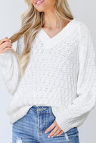 White Plain Knit Ribbed Edge V Neck Loose Sweater Sweaters efeaa01870eef159