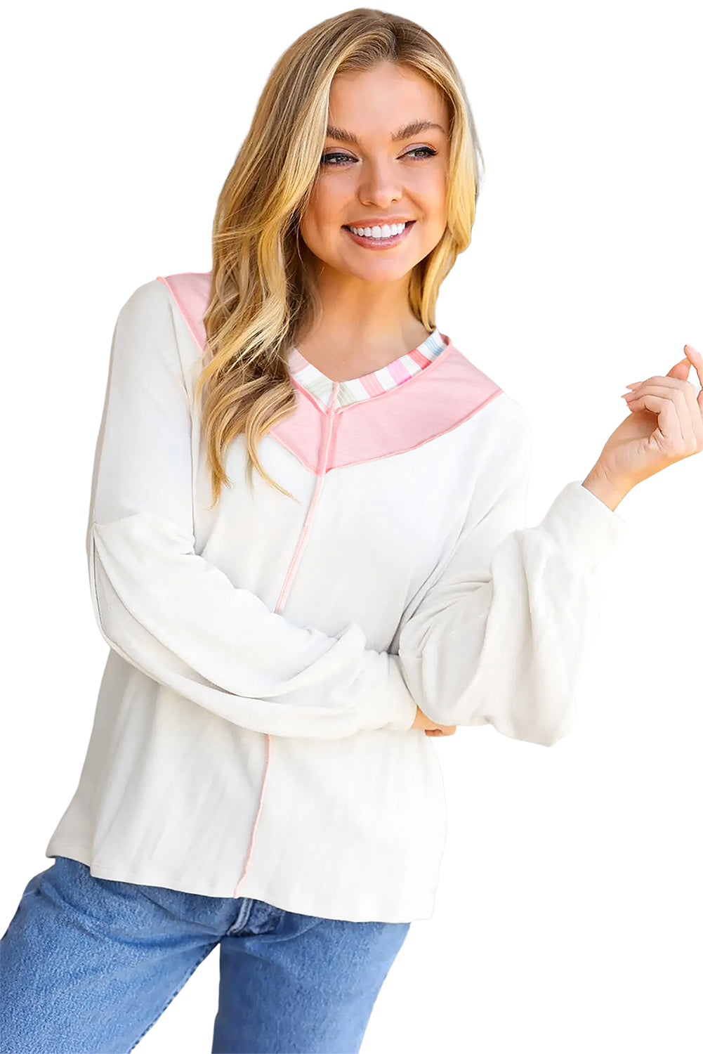 White Rainbow Striped V Neck Colorblock French Terry Top Long Sleeve Tops efee670e0c5df6b3