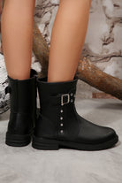 Black Studded Buckle Decor Side Zip Faux Leather Boots Boots f006ff9b210d39b9