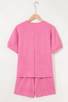 Pink Textured V Neck T Shirt and Shorts Set Two Piece Shorts Sets f0220526fd0b2e6a