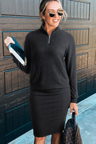 Black Ribbed Zip Neck Drop Shoulder Pullover Bodycon Skirt Set Two Piece Skirt Sets f02450718710c9f9