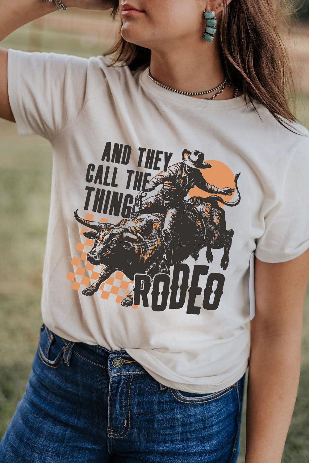 White AND THEY CALL THE THING RODEO Heat Transfer Printing Graphic Crewneck Tee Graphic Tees f04448cd5f37670e